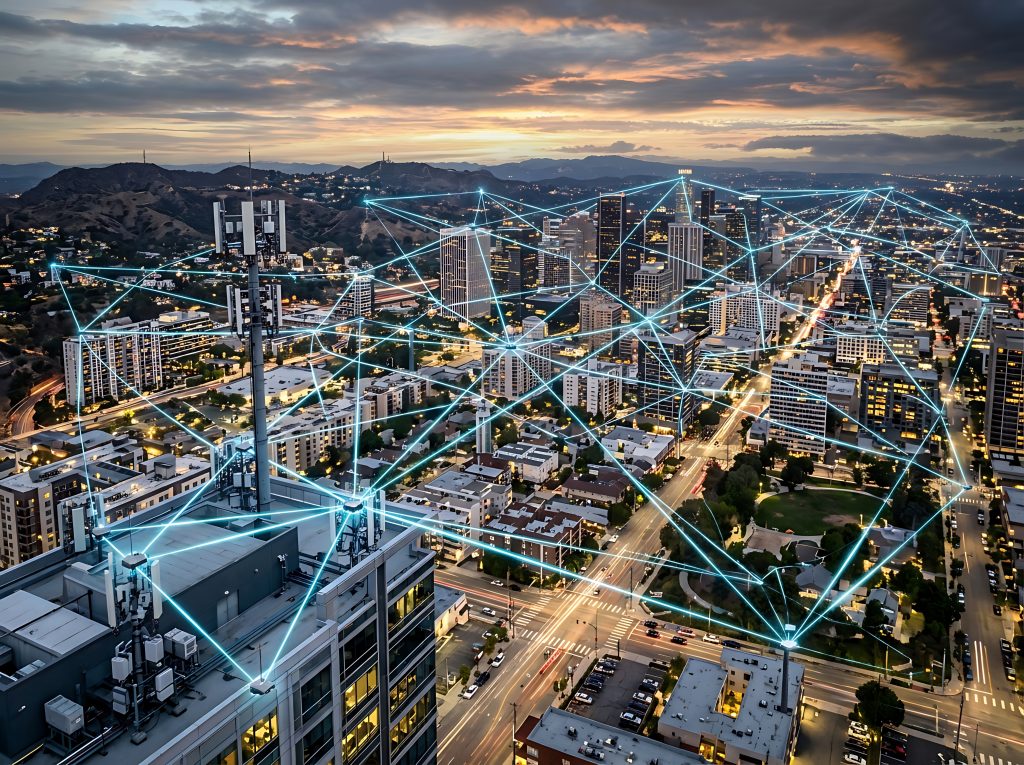 Regulation and consent: what you need to send commercial SMS legally in Mexico Night view of a city skyline with a digital network overlay