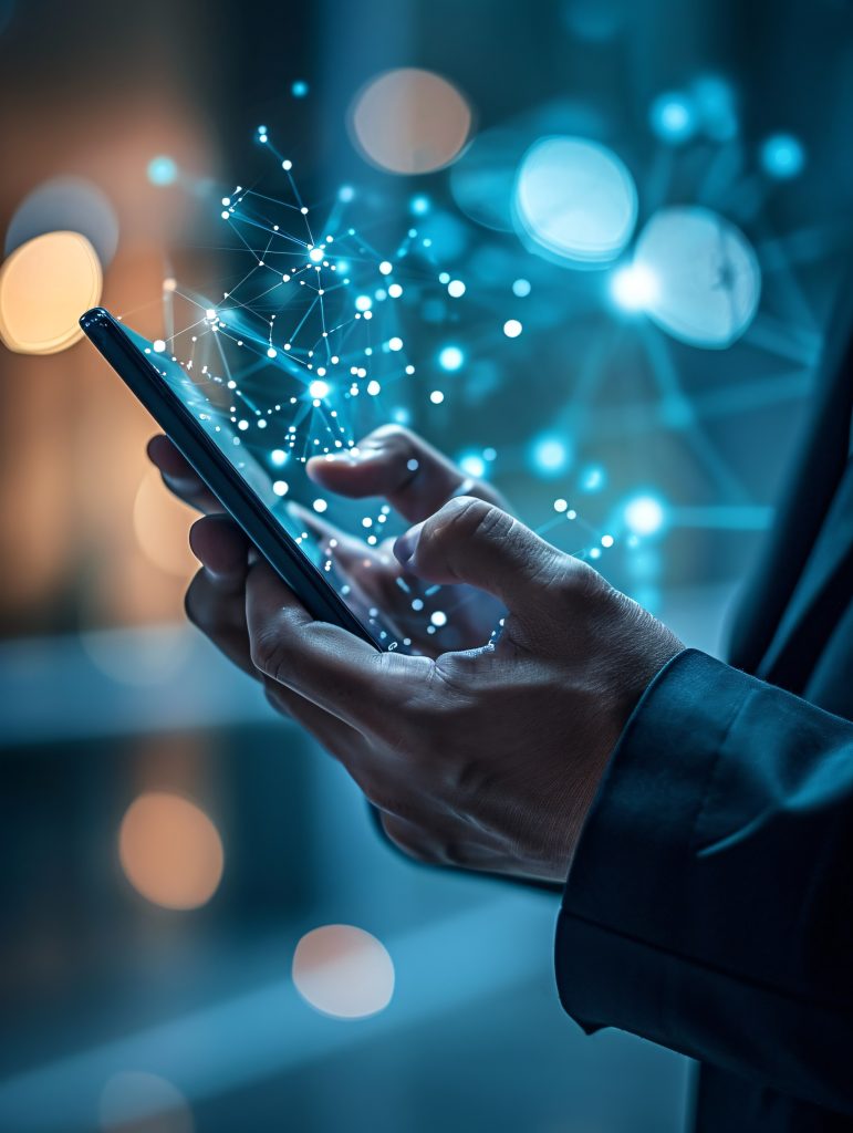 Guía de SMS masivos en México: requisitos legales y buenas prácticas Mano sostiene un smartphone con una red de conexiones digitales