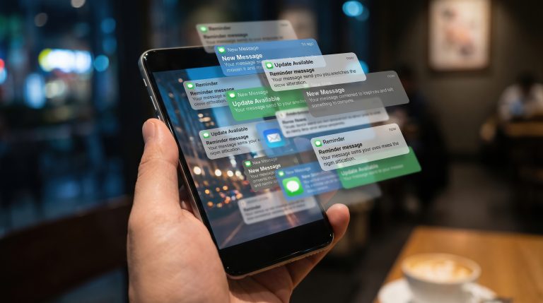 Mano sosteniendo un celular con varias notificaciones de mensajes flotando sobre la pantalla
