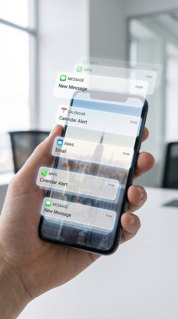 Mano sostiene un smartphone con varias notificaciones de mensajes flotantes