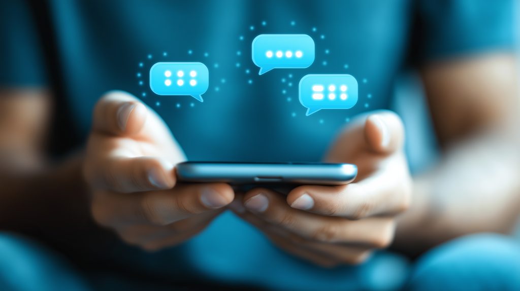 Manos sostienen un smartphone con íconos de chat brillantes