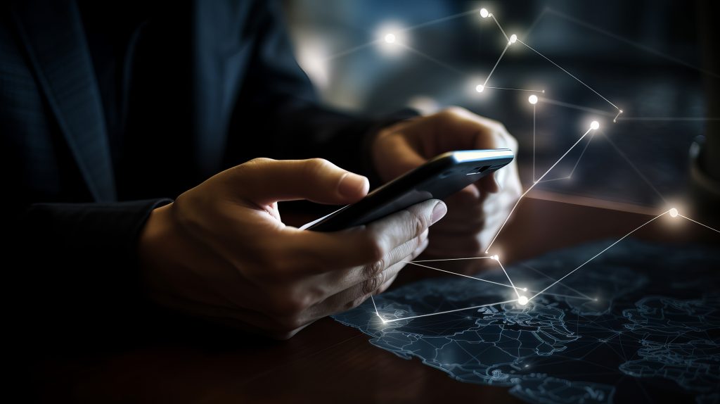 Hombre usa su celular mientras se visualiza una red de conexiones