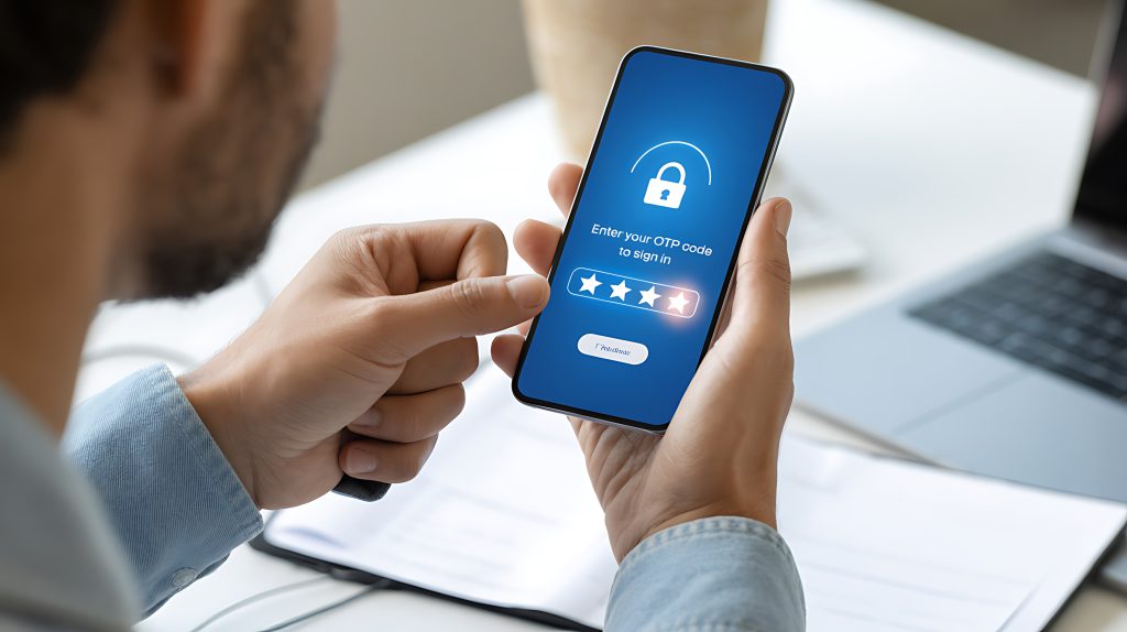 Usuario ingresa un código de verificación en su smartphone junto a una laptop